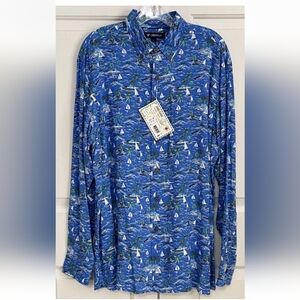 Casual Retro Sailboat XL Cabana Ocean Blue Island Print Button Down Shirt New